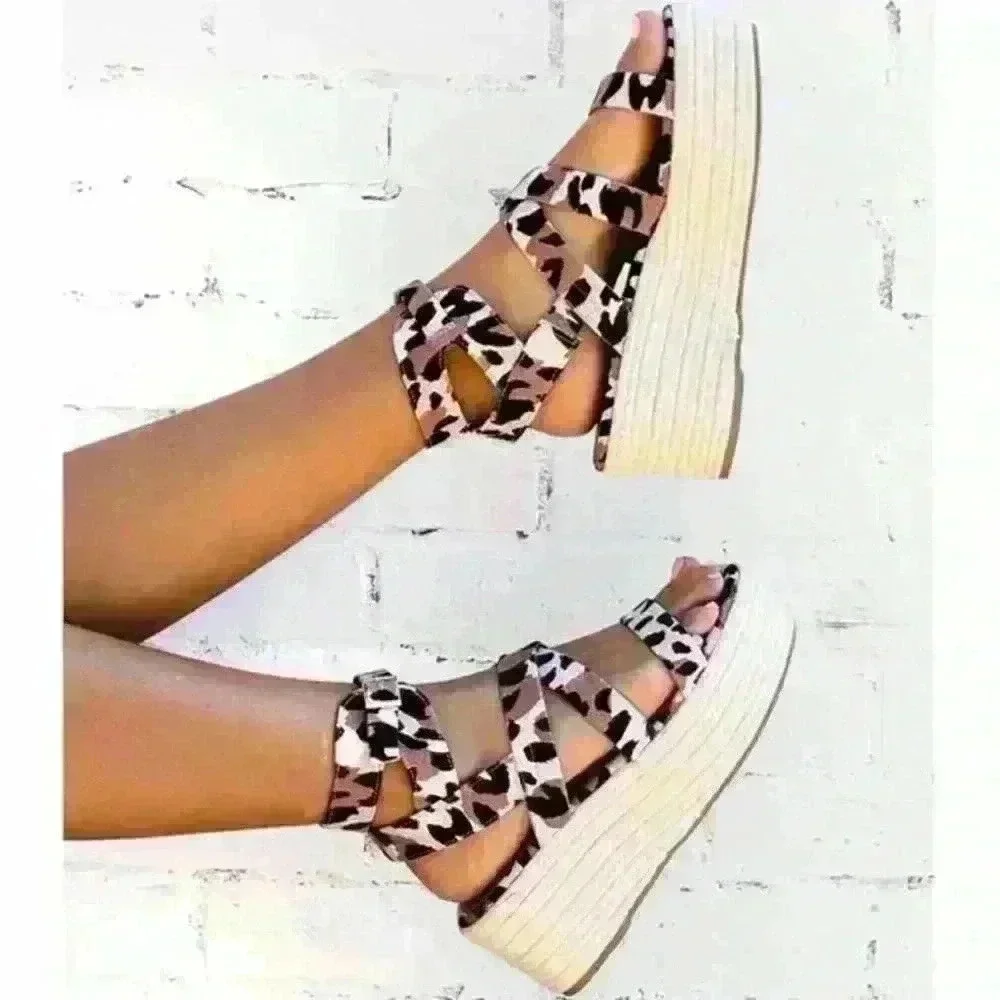 Qupid Leopard Print Canvas Platform Cross Over Espadrilles, 7.5